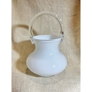 Small Polish white glass basket style vase with clear handle